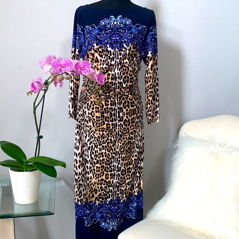 Boston Proper Blue and Cheetah Multi-Print Dress